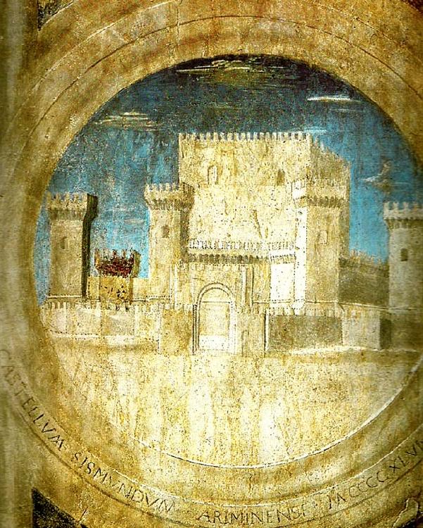 Piero della Francesca detail of the castle from st sigismund and sigismondo oil painting image